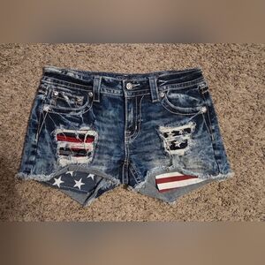 Miss Me Blue Distressed Jean Shorts with Flag Design